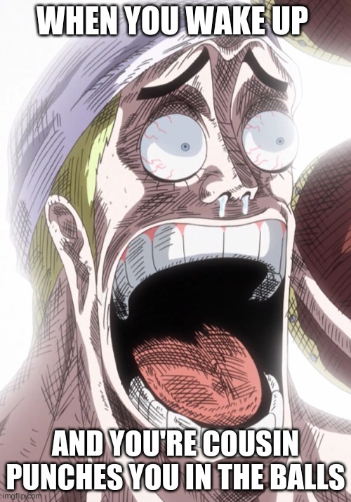 One Piece Enel Shocked | WHEN YOU WAKE UP; AND YOU'RE COUSIN PUNCHES YOU IN THE BALLS | image tagged in one piece enel shocked | made w/ Imgflip meme maker