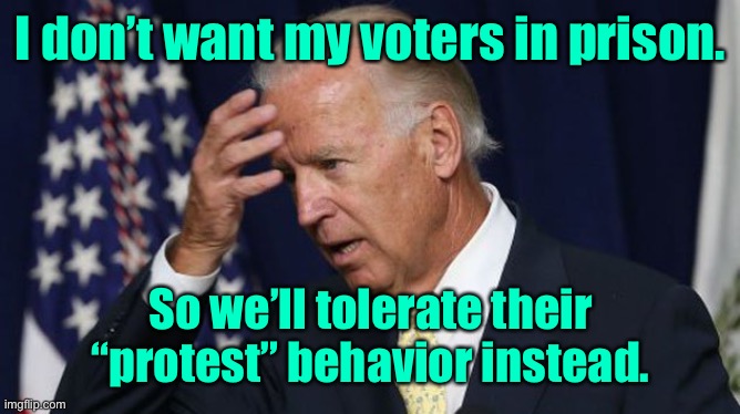 Joe Biden worries | I don’t want my voters in prison. So we’ll tolerate their “protest” behavior instead. | image tagged in joe biden worries | made w/ Imgflip meme maker