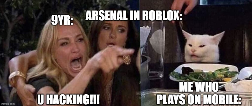 woman yelling at cat | ARSENAL IN ROBLOX:; 9YR:; U HACKING!!! ME WHO PLAYS ON MOBILE: | image tagged in woman yelling at cat | made w/ Imgflip meme maker