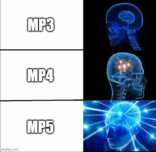 You have MP5 | MP3; MP4; MP5 | image tagged in galaxy brain 3 brains | made w/ Imgflip meme maker