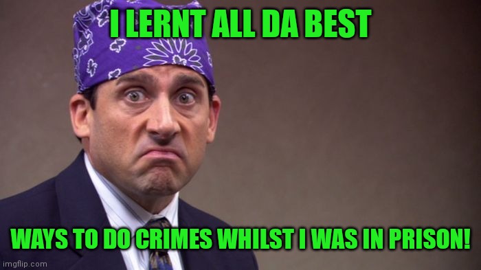 Prison mike | I LERNT ALL DA BEST WAYS TO DO CRIMES WHILST I WAS IN PRISON! | image tagged in prison mike | made w/ Imgflip meme maker