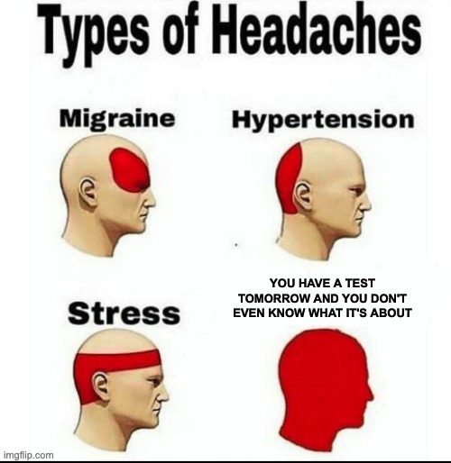 Types of Headaches meme | YOU HAVE A TEST TOMORROW AND YOU DON'T EVEN KNOW WHAT IT'S ABOUT | image tagged in types of headaches meme | made w/ Imgflip meme maker