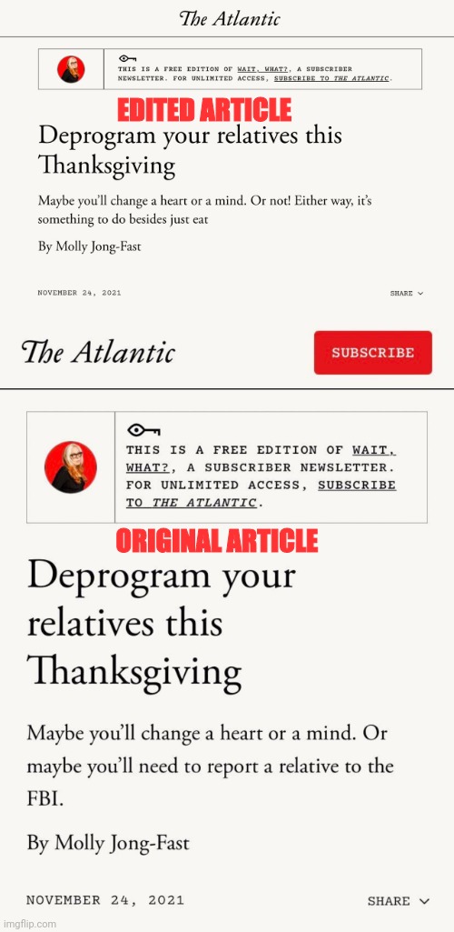 The Atlantic wants you Rat your family to the fbi but walks it back | EDITED ARTICLE; ORIGINAL ARTICLE | image tagged in msm lies,media lies,fbi | made w/ Imgflip meme maker