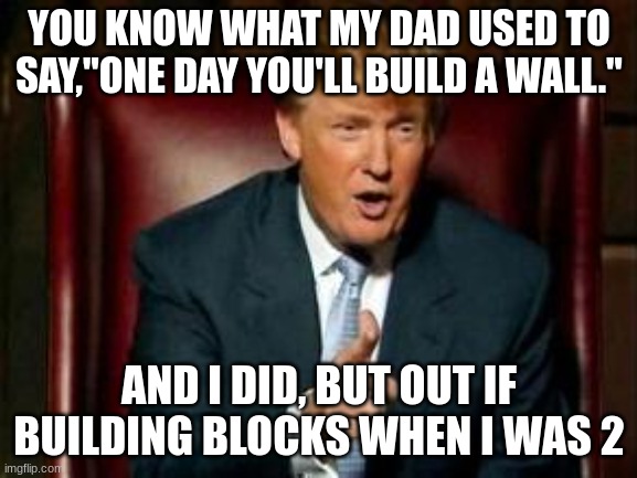 Donald Trump |  YOU KNOW WHAT MY DAD USED TO SAY,"ONE DAY YOU'LL BUILD A WALL."; AND I DID, BUT OUT IF BUILDING BLOCKS WHEN I WAS 2 | image tagged in donald trump | made w/ Imgflip meme maker