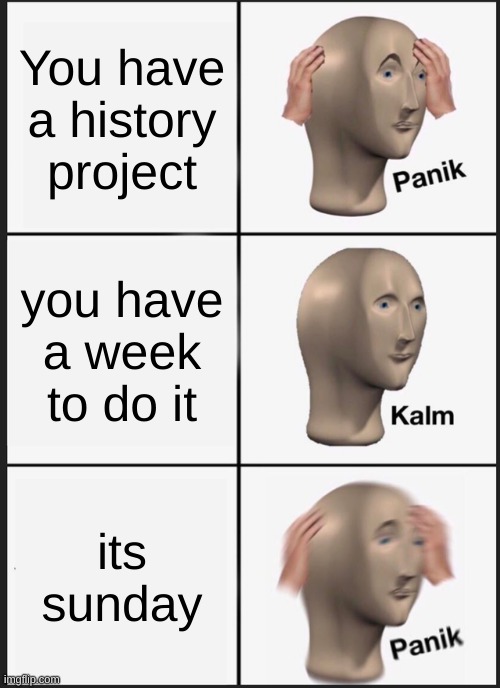 hi | You have a history project; you have a week to do it; its sunday | image tagged in memes,panik kalm panik | made w/ Imgflip meme maker