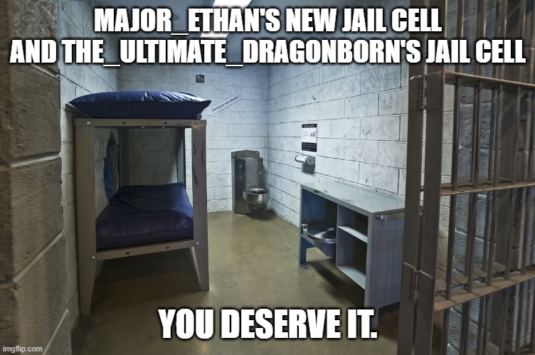 Jail cell | MAJOR_ETHAN'S NEW JAIL CELL AND THE_ULTIMATE_DRAGONBORN'S JAIL CELL; YOU DESERVE IT. | image tagged in jail cell | made w/ Imgflip meme maker