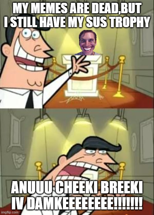 my memes are dead | MY MEMES ARE DEAD,BUT I STILL HAVE MY SUS TROPHY; ANUUU CHEEKI BREEKI IV DAMKEEEEEEEE!!!!!!! | image tagged in memes,this is where i'd put my trophy if i had one | made w/ Imgflip meme maker