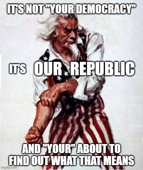 It's A Republic, Stupid! | IT'S NOT "YOUR DEMOCRACY"; OUR; REPUBLIC; IT'S; AND "YOUR" ABOUT TO FIND OUT WHAT THAT MEANS | image tagged in uncle sam you again | made w/ Imgflip meme maker