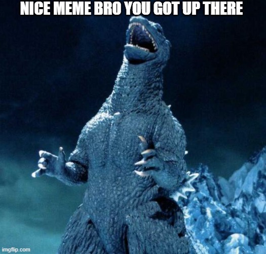 Laughing Godzilla |  NICE MEME BRO YOU GOT UP THERE | image tagged in laughing godzilla | made w/ Imgflip meme maker