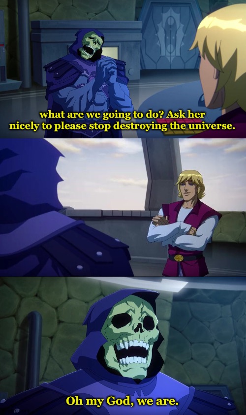 Sarcastic Skeletor | what are we going to do? Ask her nicely to please stop destroying the universe. Oh my God, we are. | image tagged in skeletor,heman,he-man,prince adam | made w/ Imgflip meme maker