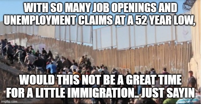 Immigration Needed | WITH SO MANY JOB OPENINGS AND UNEMPLOYMENT CLAIMS AT A 52 YEAR LOW, WOULD THIS NOT BE A GREAT TIME FOR A LITTLE IMMIGRATION.. JUST SAYIN | image tagged in illegal immigrants | made w/ Imgflip meme maker