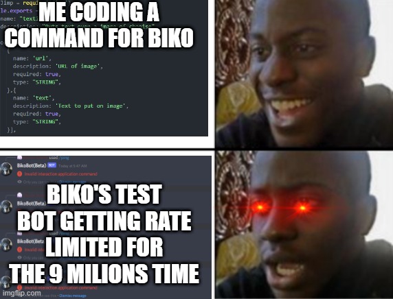 Coding is bots fun they say, slash commands are worth it they state | ME CODING A COMMAND FOR BIKO; BIKO'S TEST BOT GETTING RATE LIMITED FOR THE 9 MILIONS TIME | image tagged in discord,bots,angry | made w/ Imgflip meme maker