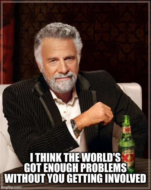 The Most Interesting Man In The World Meme | I THINK THE WORLD'S GOT ENOUGH PROBLEMS WITHOUT YOU GETTING INVOLVED | image tagged in memes,the most interesting man in the world | made w/ Imgflip meme maker