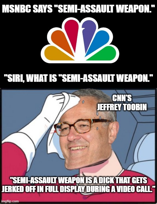 Jeffrey went off half-cocked | MSNBC SAYS "SEMI-ASSAULT WEAPON."; "SIRI, WHAT IS "SEMI-ASSAULT WEAPON."; CNN'S JEFFREY TOOBIN; "SEMI-ASSAULT WEAPON IS A DICK THAT GETS JERKED OFF IN FULL DISPLAY DURING A VIDEO CALL." | image tagged in nbc,jeffrey toobin,memes,sexual assault,jerk,zoom | made w/ Imgflip meme maker