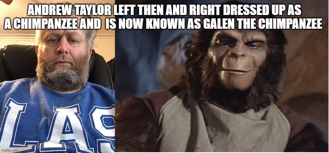 Galen formally Andrew TAylor | ANDREW TAYLOR LEFT THEN AND RIGHT DRESSED UP AS A CHIMPANZEE AND  IS NOW KNOWN AS GALEN THE CHIMPANZEE | image tagged in andrew taylor left is now known as galen | made w/ Imgflip meme maker