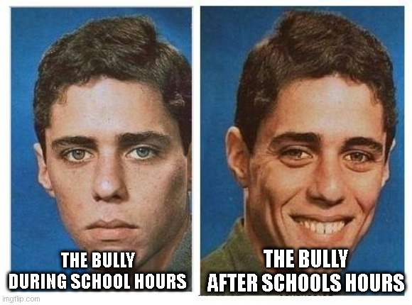 It's true tho | THE BULLY AFTER SCHOOLS HOURS; THE BULLY DURING SCHOOL HOURS | image tagged in before after - sad happy face | made w/ Imgflip meme maker