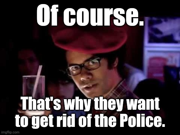 Maurice Moss in red beret says: | Of course. That's why they want to get rid of the Police. | image tagged in maurice moss in red beret says | made w/ Imgflip meme maker