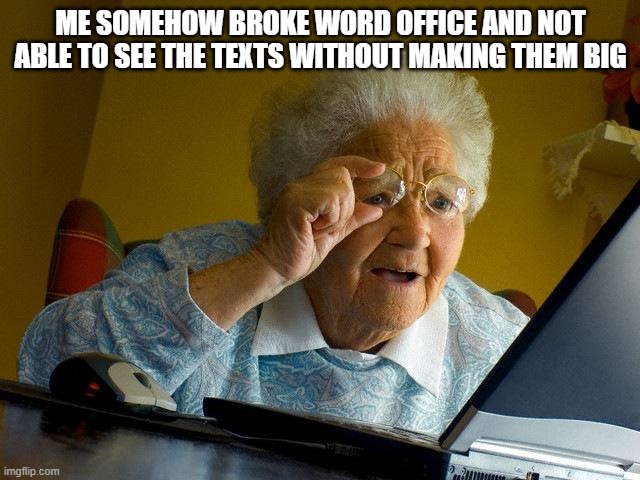 Word gone | ME SOMEHOW BROKE WORD OFFICE AND NOT ABLE TO SEE THE TEXTS WITHOUT MAKING THEM BIG | image tagged in memes,grandma finds the internet | made w/ Imgflip meme maker