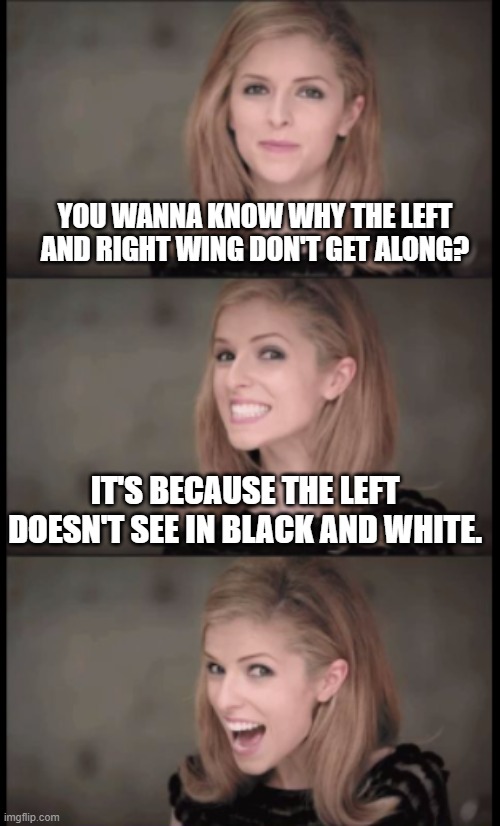 It's easy for the right wing to be racist when they have a binary mode of thinking.. | YOU WANNA KNOW WHY THE LEFT AND RIGHT WING DON'T GET ALONG? IT'S BECAUSE THE LEFT DOESN'T SEE IN BLACK AND WHITE. | image tagged in bad pun jessica,he's right you know,racist,right wing,white supremacists,neo-nazis | made w/ Imgflip meme maker