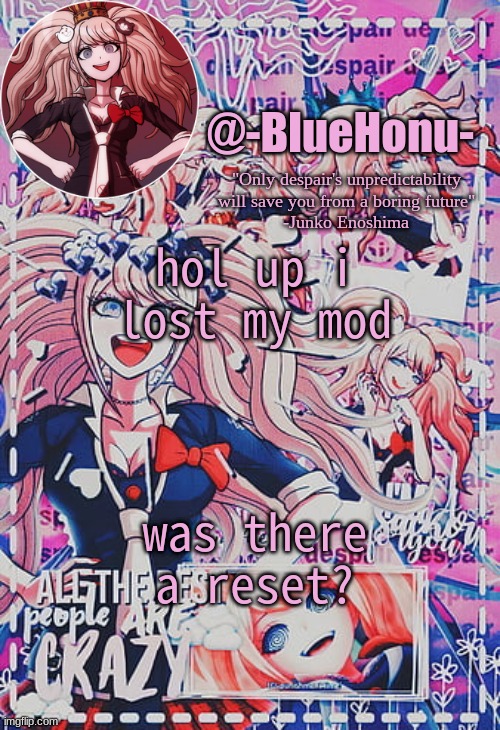 honu's despair temp | hol up i lost my mod; was there a reset? | image tagged in honu's despair temp | made w/ Imgflip meme maker