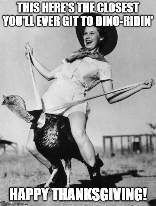I swear I saw this as a postcard in a Stuckey's off Interstate 40 |  THIS HERE'S THE CLOSEST YOU'LL EVER GIT TO DINO-RIDIN'; HAPPY THANKSGIVING! | image tagged in turkey girl,memes,thanksgiving,dinosaur,riding | made w/ Imgflip meme maker