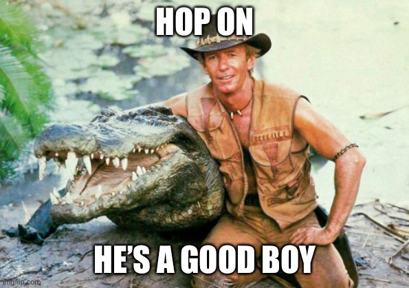 Crocodile Rodeo | HOP ON HE’S A GOOD BOY | image tagged in crocodile dundee paul hogan,rodeo,ride,crocodile | made w/ Imgflip meme maker