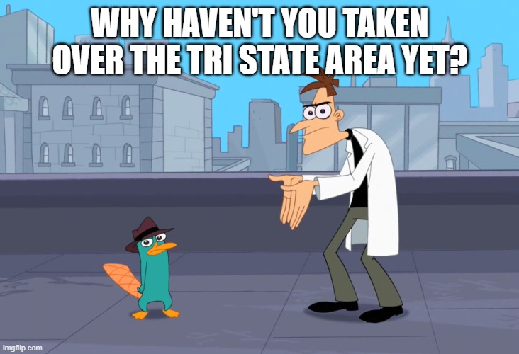 Dr. Doofenshmirtz Boi | WHY HAVEN'T YOU TAKEN OVER THE TRI STATE AREA YET? | image tagged in dr doofenshmirtz boi | made w/ Imgflip meme maker