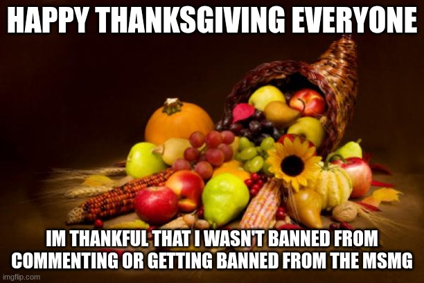 It's Thanksgiving my dudes. | HAPPY THANKSGIVING EVERYONE; IM THANKFUL THAT I WASN'T BANNED FROM COMMENTING OR GETTING BANNED FROM THE MSMG | image tagged in thanksgiving | made w/ Imgflip meme maker