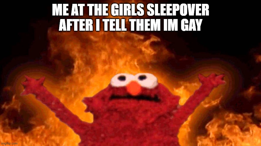 lel | ME AT THE GIRLS SLEEPOVER AFTER I TELL THEM IM GAY | image tagged in elmo fire,meme | made w/ Imgflip meme maker