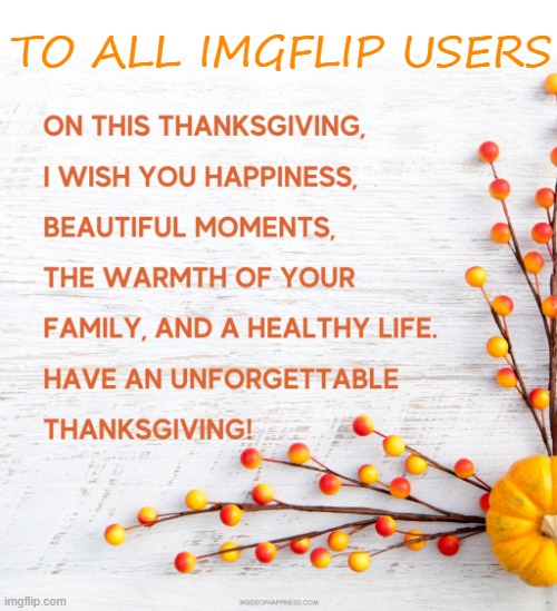 Happy Thanksgiving! | TO ALL IMGFLIP USERS | image tagged in memes,fun,1forpeace,warm,happy thanksgiving,wish | made w/ Imgflip meme maker