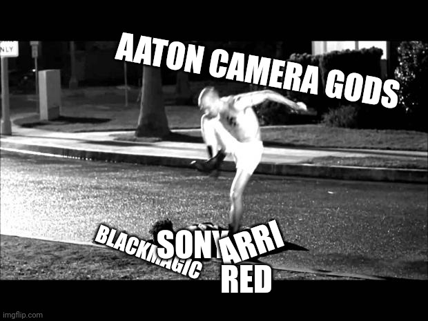 Camera gods |  AATON CAMERA GODS; ARRI; SONY; BLACKMAGIC; RED | image tagged in curb stomp | made w/ Imgflip meme maker