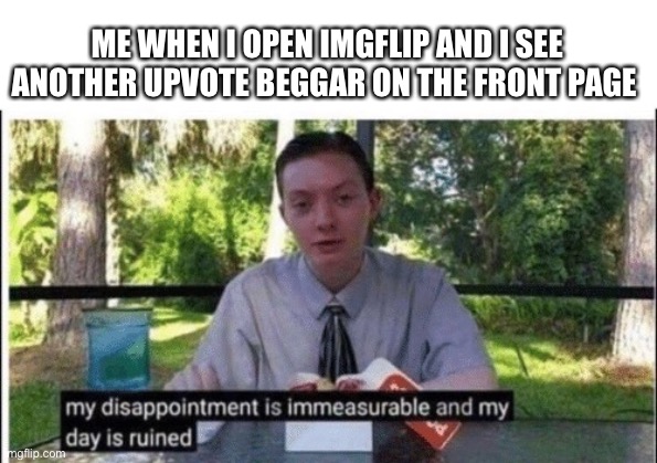 I hate it | ME WHEN I OPEN IMGFLIP AND I SEE ANOTHER UPVOTE BEGGAR ON THE FRONT PAGE | image tagged in my dissapointment is immeasurable and my day is ruined,so true,memes,funny | made w/ Imgflip meme maker