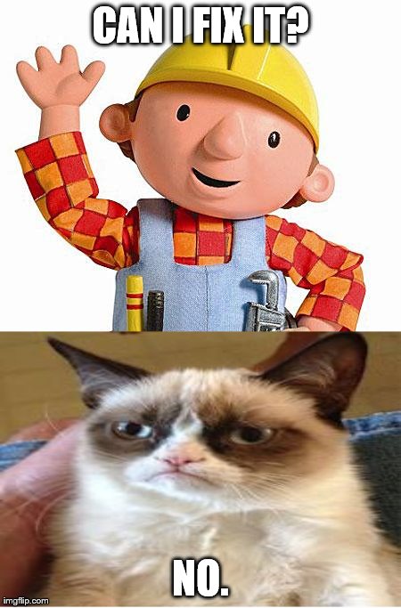 Cat and bob | CAN I FIX IT? NO. | image tagged in bob the builder,memes,grumpy cat,funny | made w/ Imgflip meme maker