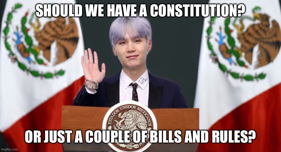 I like the latter better | SHOULD WE HAVE A CONSTITUTION? OR JUST A COUPLE OF BILLS AND RULES? | image tagged in suga the prez | made w/ Imgflip meme maker