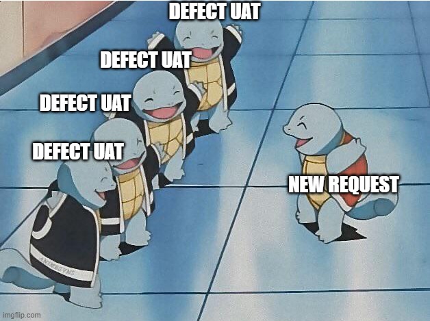UAT session | DEFECT UAT; DEFECT UAT; DEFECT UAT; DEFECT UAT; NEW REQUEST | image tagged in squirtle squad | made w/ Imgflip meme maker