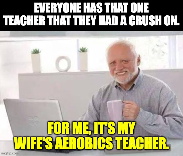 teacher | EVERYONE HAS THAT ONE TEACHER THAT THEY HAD A CRUSH ON. FOR ME, IT'S MY WIFE'S AEROBICS TEACHER. | image tagged in harold | made w/ Imgflip meme maker