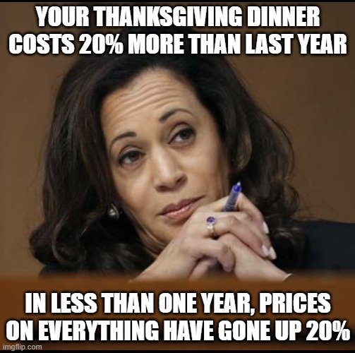 Captain Obvious | YOUR THANKSGIVING DINNER COSTS 20% MORE THAN LAST YEAR; IN LESS THAN ONE YEAR, PRICES ON EVERYTHING HAVE GONE UP 20% | image tagged in kamala harris,our polices,working,clockwork,robot,george soros | made w/ Imgflip meme maker