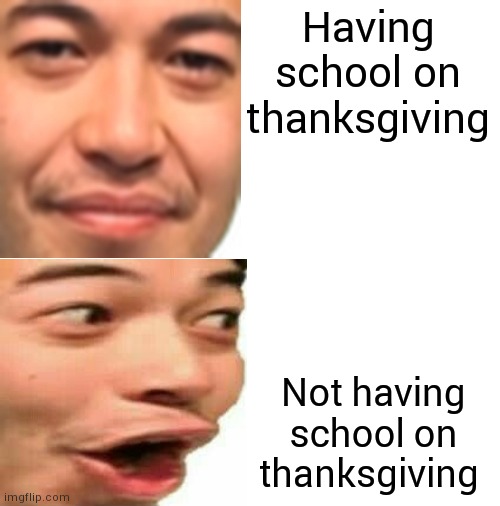 not pog, pog | Having school on thanksgiving Not having school on thanksgiving | image tagged in not pog pog | made w/ Imgflip meme maker