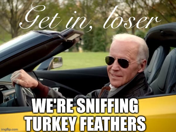 Joe Biden Get In Loser | WE'RE SNIFFING TURKEY FEATHERS | image tagged in joe biden get in loser | made w/ Imgflip meme maker