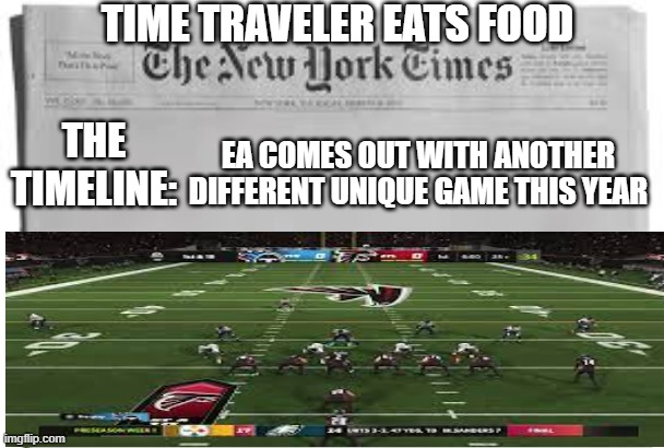 hi | TIME TRAVELER EATS FOOD; THE TIMELINE:; EA COMES OUT WITH ANOTHER DIFFERENT UNIQUE GAME THIS YEAR | image tagged in newspaper no words | made w/ Imgflip meme maker