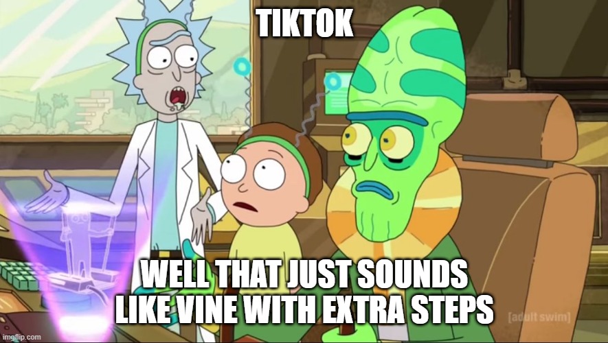 rick and morty-extra steps | TIKTOK; WELL THAT JUST SOUNDS LIKE VINE WITH EXTRA STEPS | image tagged in rick and morty-extra steps | made w/ Imgflip meme maker