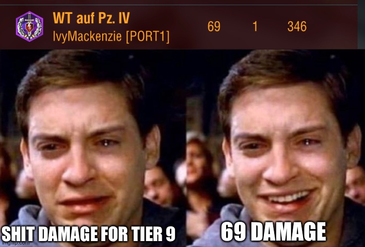 Peter Parker cry then smile | SHIT DAMAGE FOR TIER 9; 69 DAMAGE | image tagged in peter parker cry then smile | made w/ Imgflip meme maker