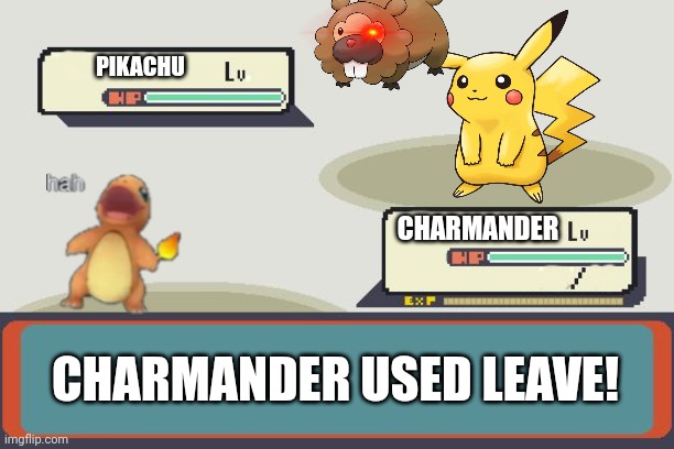 Well he doesn't want to battle... | PIKACHU; CHARMANDER; CHARMANDER USED LEAVE! | image tagged in pokemon battle | made w/ Imgflip meme maker