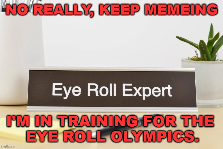 NO REALLY, KEEP MEMEING; I'M IN TRAINING FOR THE 
EYE ROLL OLYMPICS. | image tagged in eyeroll | made w/ Imgflip meme maker