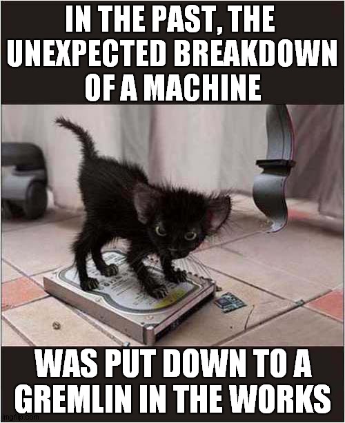 Kitten Or Gremlin ? | IN THE PAST, THE 
UNEXPECTED BREAKDOWN
OF A MACHINE; WAS PUT DOWN TO A
GREMLIN IN THE WORKS | image tagged in cats,kitten,gremlin,computers | made w/ Imgflip meme maker