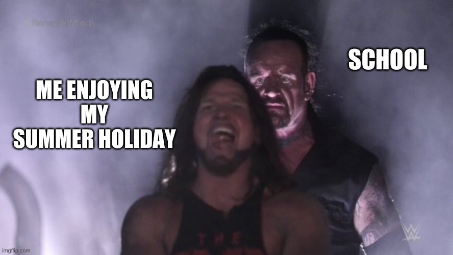 what it feel's like | SCHOOL; ME ENJOYING MY SUMMER HOLIDAY | image tagged in aj styles undertaker,memes,relatable | made w/ Imgflip meme maker