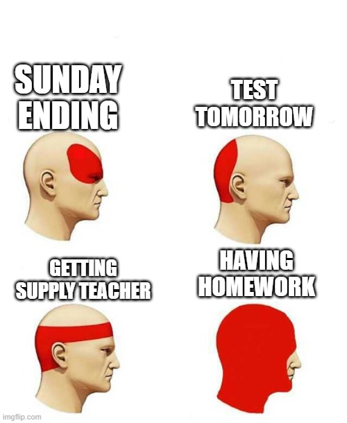 types of headache | TEST TOMORROW; SUNDAY ENDING; HAVING HOMEWORK; GETTING SUPPLY TEACHER | image tagged in types of headache | made w/ Imgflip meme maker
