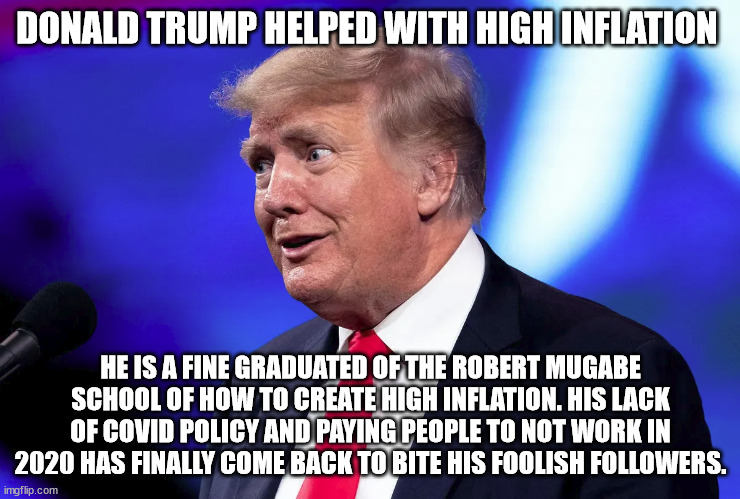 Trump the Robert Mugabe alumni | DONALD TRUMP HELPED WITH HIGH INFLATION HE IS A FINE GRADUATED OF THE ROBERT MUGABE SCHOOL OF HOW TO CREATE HIGH INFLATION. HIS LACK OF COVI | image tagged in robert mugabe,printing money,donald trump,inflation | made w/ Imgflip meme maker