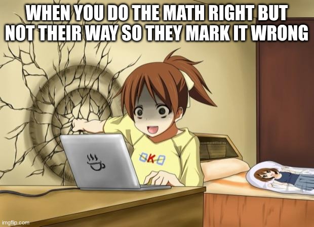When an anime leaves you on a cliffhanger | WHEN YOU DO THE MATH RIGHT BUT NOT THEIR WAY SO THEY MARK IT WRONG | image tagged in when an anime leaves you on a cliffhanger | made w/ Imgflip meme maker