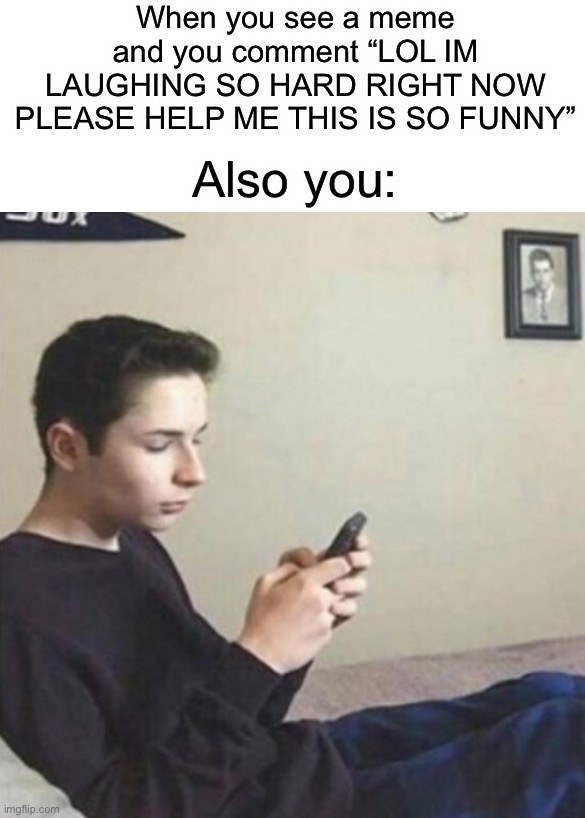 This is probably true for most of us ;) | When you see a meme and you comment “LOL IM LAUGHING SO HARD RIGHT NOW PLEASE HELP ME THIS IS SO FUNNY”; Also you: | image tagged in memes,funny,relatable memes,relatable,meme,lmao | made w/ Imgflip meme maker